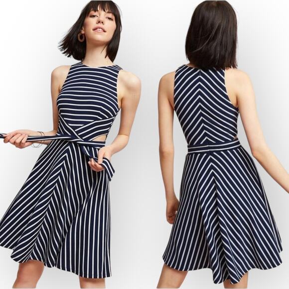 Hutch Anthropologie Navy Striped Cutout Midi Dress NWT ($148 Retail) | L [54] - Picture 9 of 11